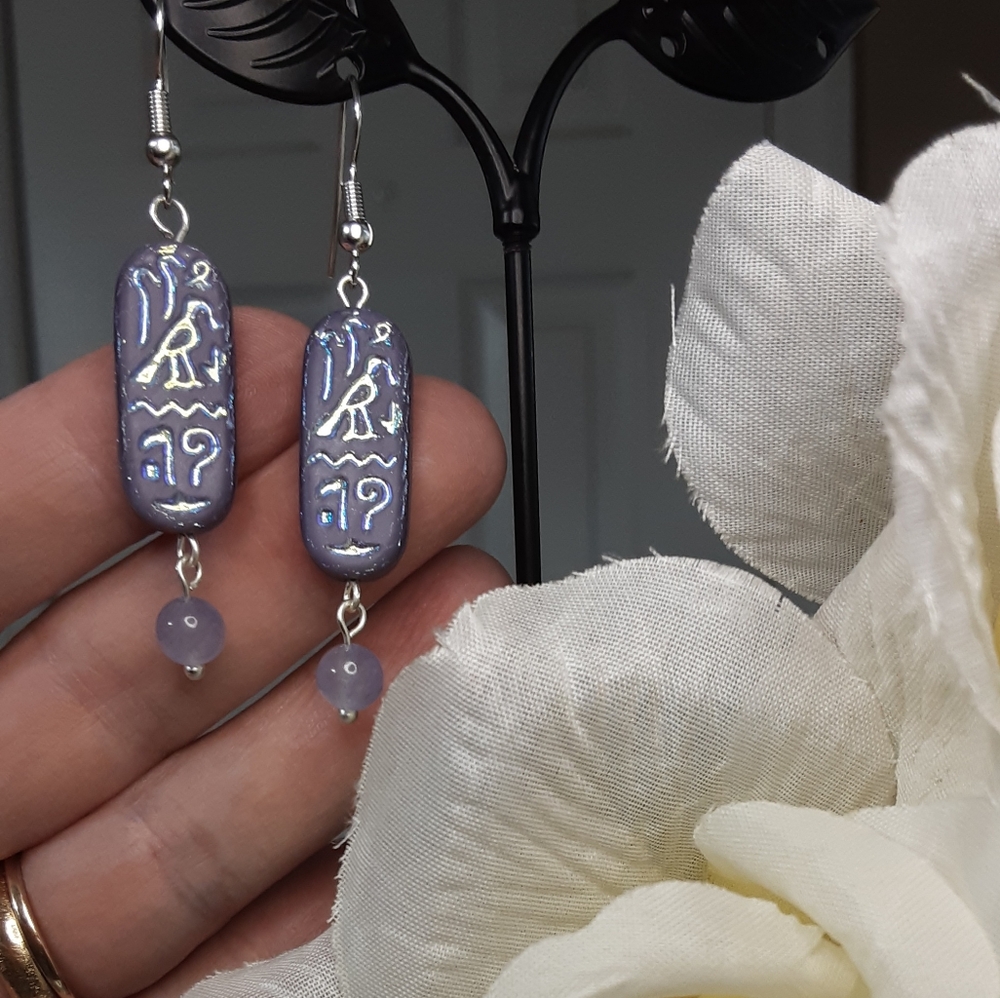 Hand Crafted Egyptian Cartouche Earrings  Purple  Pierced Hielogryphics - Picture 4 of 5
